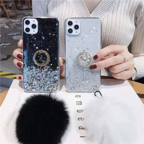 

luxury fur ball ring holder 11 pro max 6 6splus phone case soft tpu clear cover for iphone 12promax 12mini coque