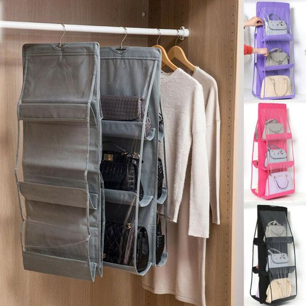 

6 pockets hanging closet organizer clear foldable handbag purse storage bag new