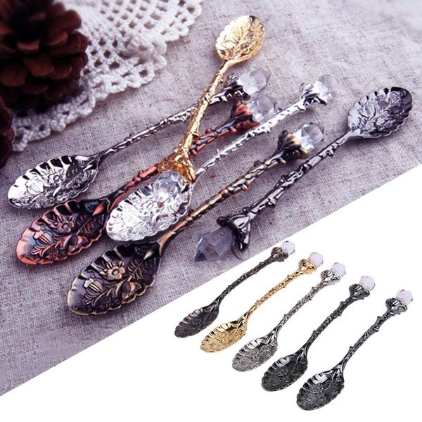 

spoons 5pcs kitchen tools luxury crystal head retro alloy spoon ice cream dessert scoops mini metal coffee honey