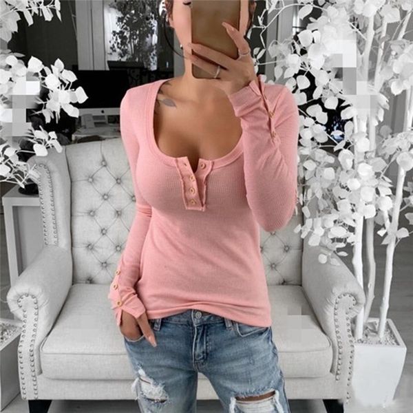 

t-shirt autumn button women elegant solid color round neck t-shirt full sleeve female chic office wear 1, White