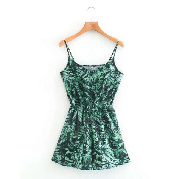 

q1135-wind 2020 summer new green leaf print waist strap jumpsuit women's shorts, Black;white