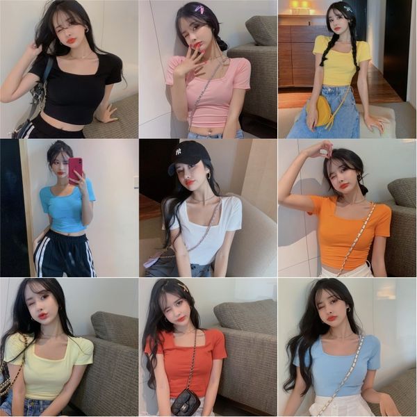 

2020 summer new open navel t-shirt slim solid short sleeve square neck for women