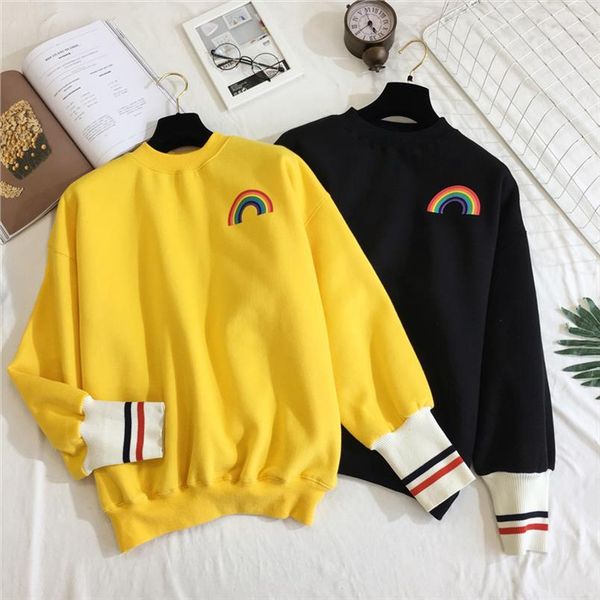 

korea large size casual cute fashion long sleeve loose rainbow sweatshirt female 2021 new sweet cartoon pullovers sweatshirt, Black