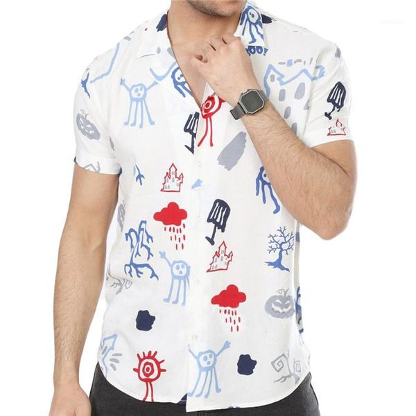 

men shirt funny printed turn down collar short sleeve loose slim fit shirts hawaiian casual shirt streetwear chemise homme 20201, White;black