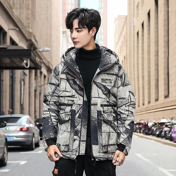 

winter men's hooded down jackets fashion korea style thick warm white duck down coats man printed puffer jacket male jk-98121, Black