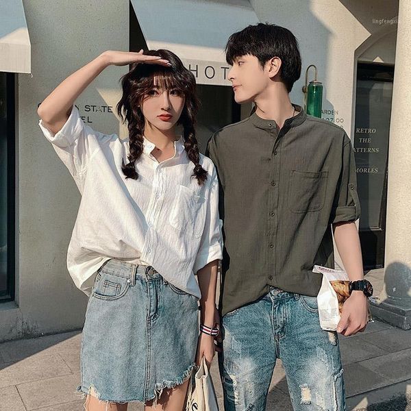 

blouse women japanese solid couples seven-point sleeve shirt summer casual boys girls college shirt blusas mujer de moda1, White