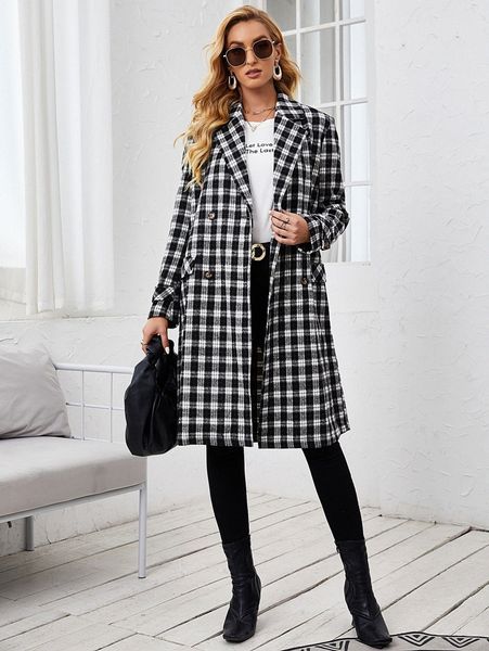

plaid double breasted flap detail overcoat v5no#, Black