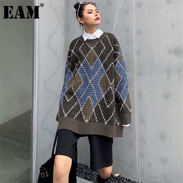 

[eam] pattern big size knitting sweater round neck long sleeve women pullovers new fashion tide autumn winter 2021 1dd0689 201223, White;black
