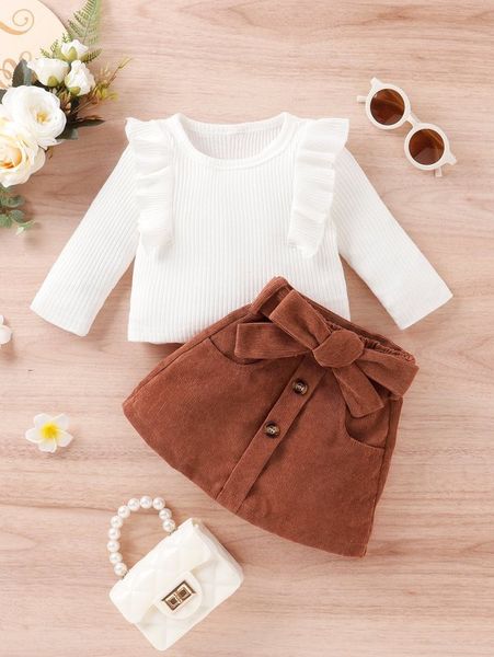 

baby ruffle trim tee with slant pocket belted skirt she, White