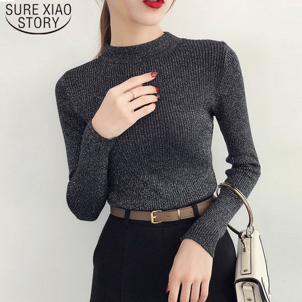 

autumn winter long sleeve sweater women shiny pullover women basic sweater femme turtleneck korean style knit 5042 60 lj201125, White;black