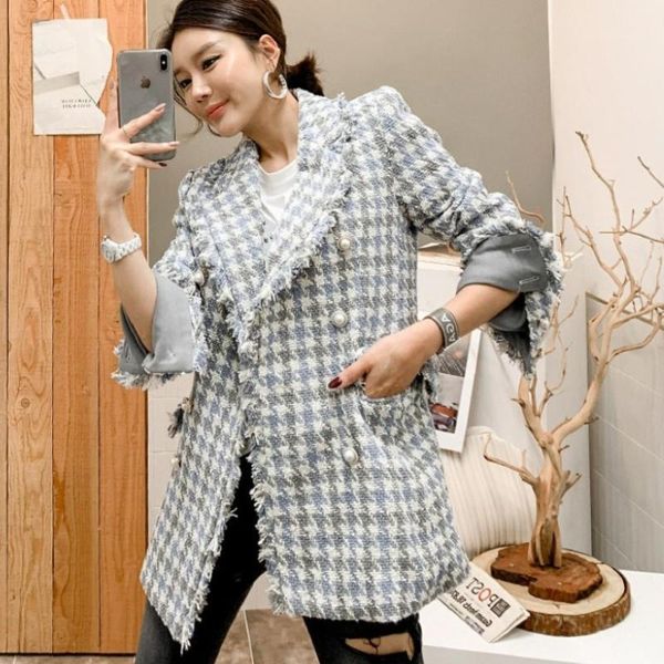 

2021 women elegant plaid tweed jackets coats autumn winter office ladies double-breasted tassels female vintage thick outerwear1, Black;brown