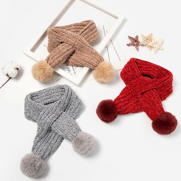 

детские зимние шарф детские шарф мальчики девочки разминка шеи грелка шарфы вязание с меховой мячем шейный foulard echarpe y201007, Blue;gray