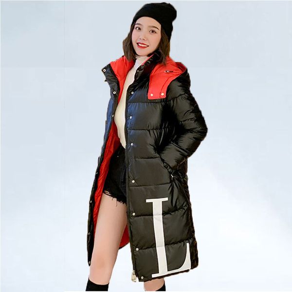 

winter jacket women fashion glossy black cotton jacket letter-print thicken hooded long winter coat windproof down parka female t200116