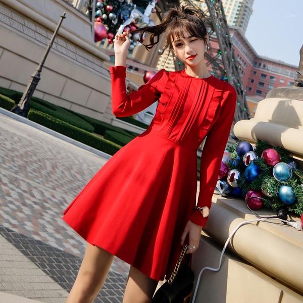 

mazefeng new 2020 spring summer women dresses o-neck ruffles solid elegant high waist pullover ladies a-line dresses midi1, Black;gray