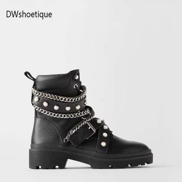 

winter pearl zipper women ankle boots chain chunky heel women booties, Black