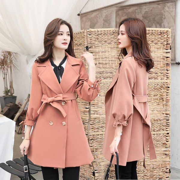 

elegant solid long trench coat for women british double breasted three quarter sleeve ropean windbreakers sashes fall overcoat1, Tan;black