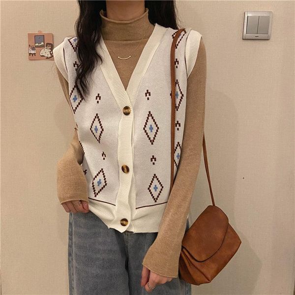 

women's vests knit sweater vest women soft simple basic daily v-neck button diamond lattice print female streetwear vintage korean all-, Black;white
