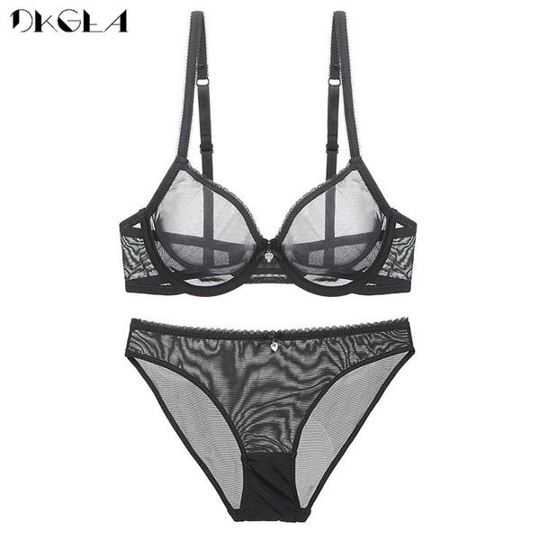 

classic solid black brassiere gauze see through bra set hollow out bras transparent underwear sets for women lingerie y200415, Red;black