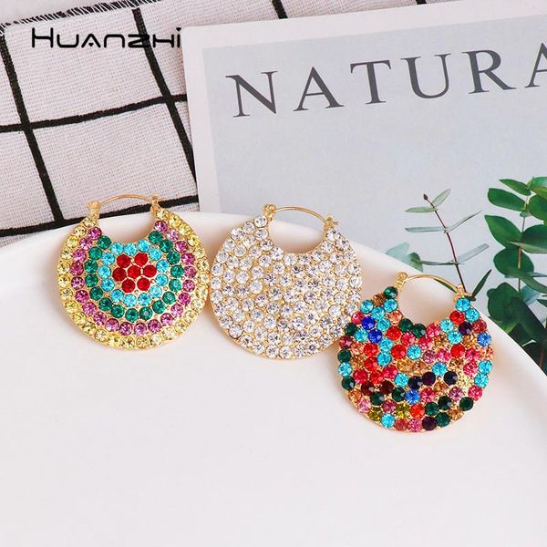 

huanzhi 2020 new vintage rainbow colorful rhinestone shinny hoop earrings metal geometric bohemia for women party jewelry, Golden;silver