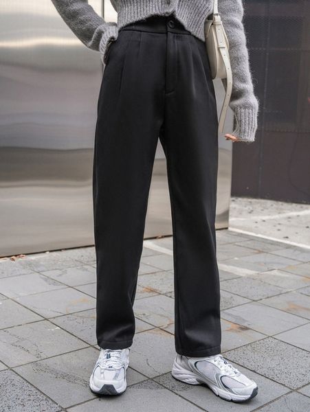 

dazy high waist fold pleated thermal lined pants 97o1#, Black;white