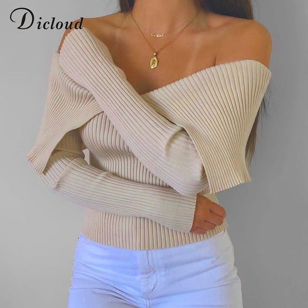 

dicloud off shoulder long sleeve knitted sweaters women winter spring elegant fashion crop pullovers ladies knitwear beige, White;black