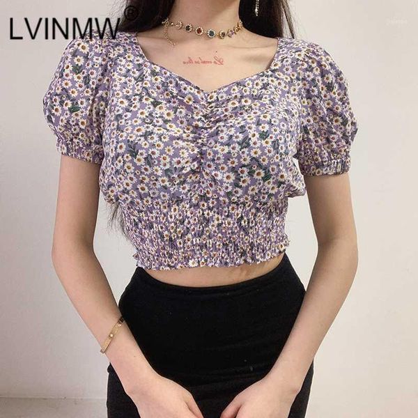 

women's t-shirt lvinmw puff sleeve v neck pleated floral print elastic crop 2021 summer women slim vintage harajuku chic tshirt str, White