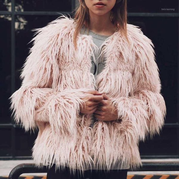 

faroonee faux fur coat women elegant long sleeve fluffy warm coat outerwear ladies winter fur jacket fluffy hairy overcoat1, Black