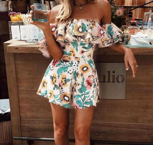 

summer short jumpsuits overall for women lady floral printed playsuit jumpsuit beach summer womens off shoulder ruffle romper, Black;white