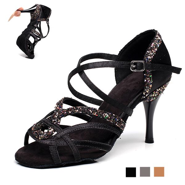 

2021 new women glitter latin woman high heel bachata salsa dancing shoes for party wedding gilrs practice dance sandals k6k9, Black