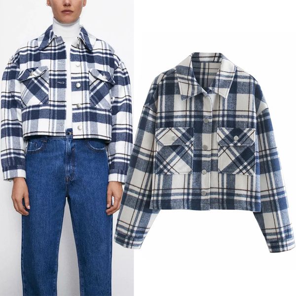 

2021 new autumn blue plaid cropped women vintage long sleeve lapel collar button-up overshirt ladies fashion loose jacket ci2d, Black;brown