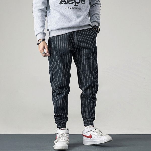 

2021 new japanese vintage fashion loose fit stripe designer denim cargo pants homme harem trousers streetwear hip hop jeans men waql, Blue