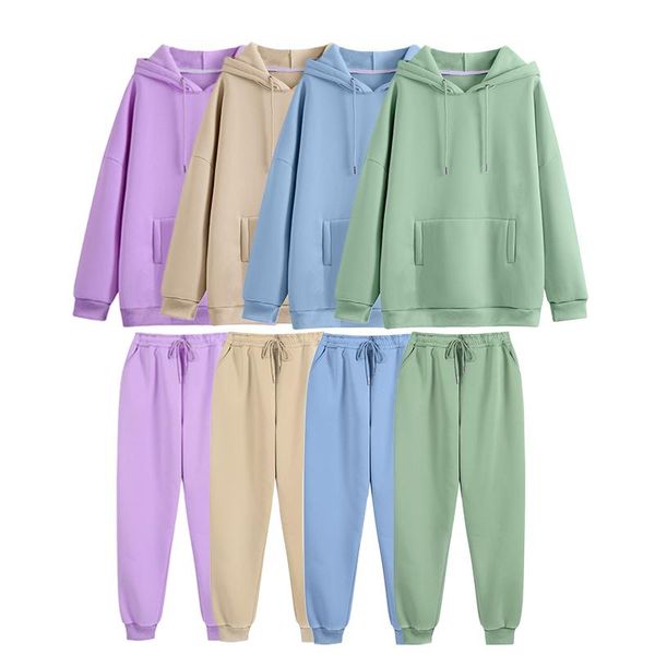 

tacksuits women autumn winter fleece hoodies and long pants two piece set casual solid hooded sweatshirts suits outfits female, Gray