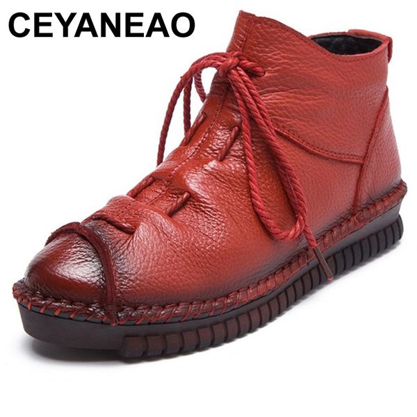 

ceyaneao handmade soft genuine leather women ankle boots vintage round toe short plush winter warm snow boots women flat shoes, Black