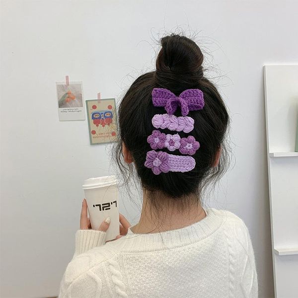 

hair accessories 4pcs knitted bowknot hairpin wool children's headdress girls hand-woven flower clip women korean, Slivery;white