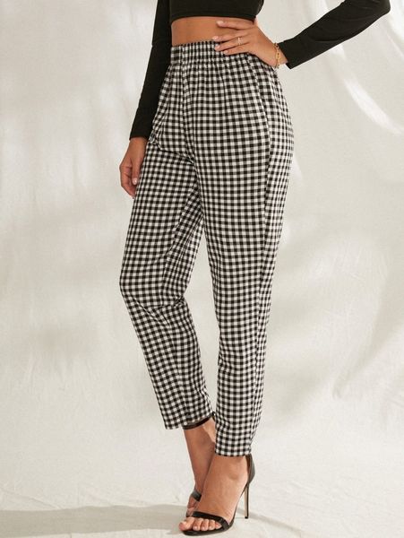 

gingham print elastic waist pants o116#, Black;white