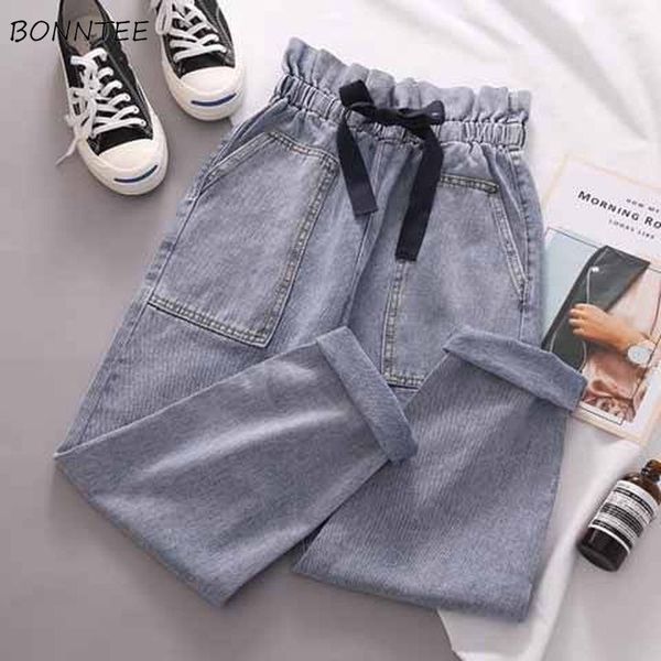 

jeans women high elastic waist pockets bow sweet girls ankle-length trousers all-match chic harajuku korean style fashion casual1, Blue