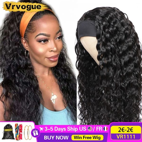 

headband wig human hair water wave 14 16 18inch brazilian kinky curly scarf wigs for women glueless no sew in vrvogue, Blue;gray
