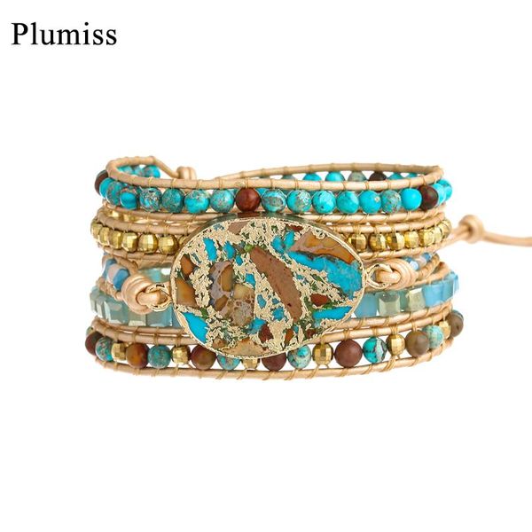

tennis plumiss luxury golden emperor stone wrap bracelets for women 5times strand beads bracelet blue gold color jewelry gift dropship, Golden;silver