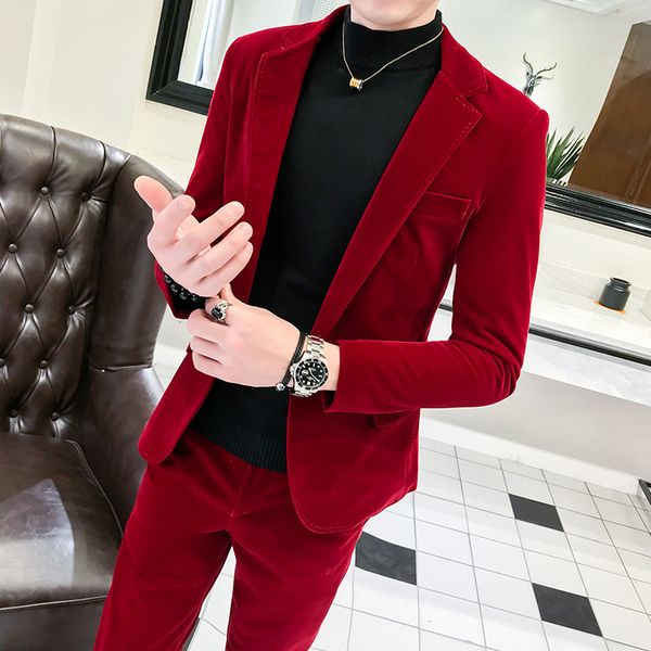 Elegante vinho vermelho ternos dos homens de veludo ternos de luxo para homens noivo ternos de veludo de casamento senhores vestido 2 peças flanela verde borgonha l225d