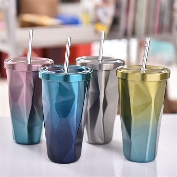 

480ml stainless steel mugs irregular double wall vacuum cups auto milk coffee tea cup drinkware with straw and lids