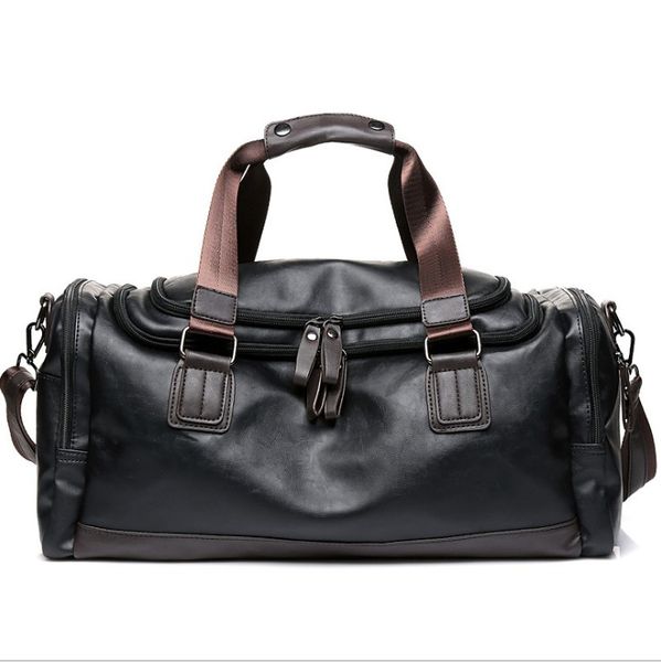 

male leather travel bag large duffle independent shoes storage big fitness handbag luggage shoulder bag black
