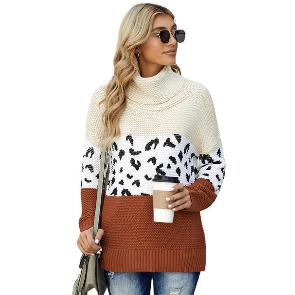 

winter sweater women long sleeve knit leopard splicing high collar pullovers comfortable breathable fashionable streetwear, White;black