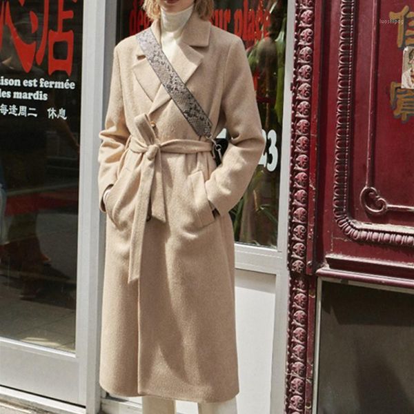 

women's single breasted mid-length jacket sashes lace-up elegant 2020 new autumn winter coat1, Black