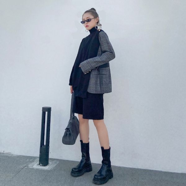 

[eam] loose fit plaid spliced irregular sweatshirt new round neck long sleeve women big size fashion spring autumn 1dc332 201204, Black