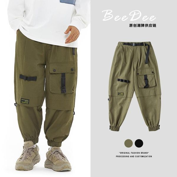 

work pants men's multi-pocket tie feet to close casual pants men men, Black