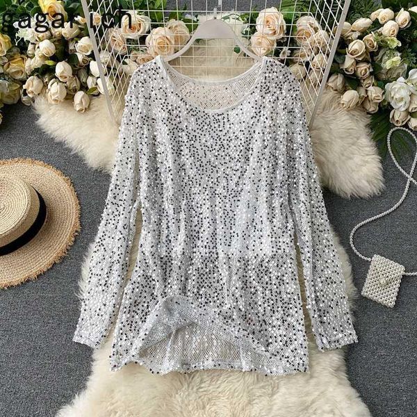 

gagarich women fashion shirt shiny sequin 2020 new ladies long-sleeved casual spring blouse sexy1, White