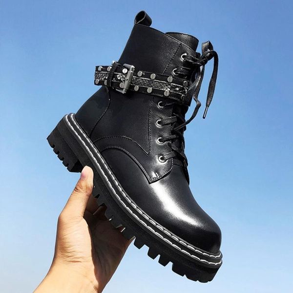 

2020 new metal punk style martin boots round toe platform ankle boots women, Black
