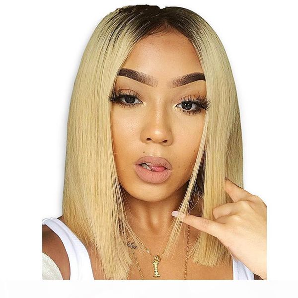

peruvian blonde human hair wigs short bob lace front wigs 130% density 1b 613 blonde straight wig, Black;brown