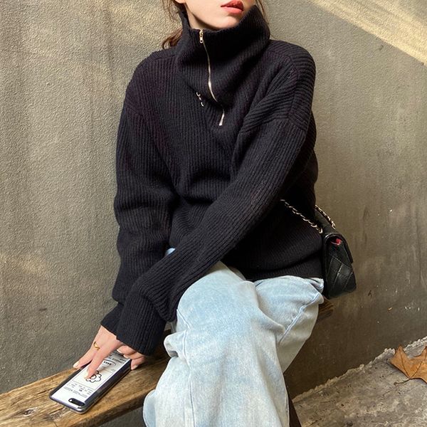 

2021 new 3 colours autumn winter korean style mesh-knit blouses loose zipper warm women's sweater jumpers (f1474 owi2, White;black