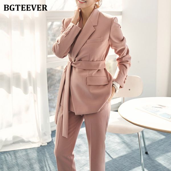

bgteever elegant office ladies pant suits one button lace-up blazer & suit pants 2020 autumn winter stylish women blazer set, White
